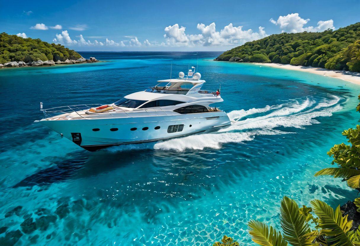 A stunning scene featuring a luxurious yacht gliding through crystal-clear blue waters, surrounded by tropical islands and azure skies. Include a price tag symbol subtly integrated into the yacht's design to represent affordability. Capture the joy of a family enjoying recreational activities on the yacht, with water sports gear visible. Emphasize vibrant colors, warm sunlight reflecting off the waves, and a sense of adventure. super-realistic. vibrant colors. 3D.