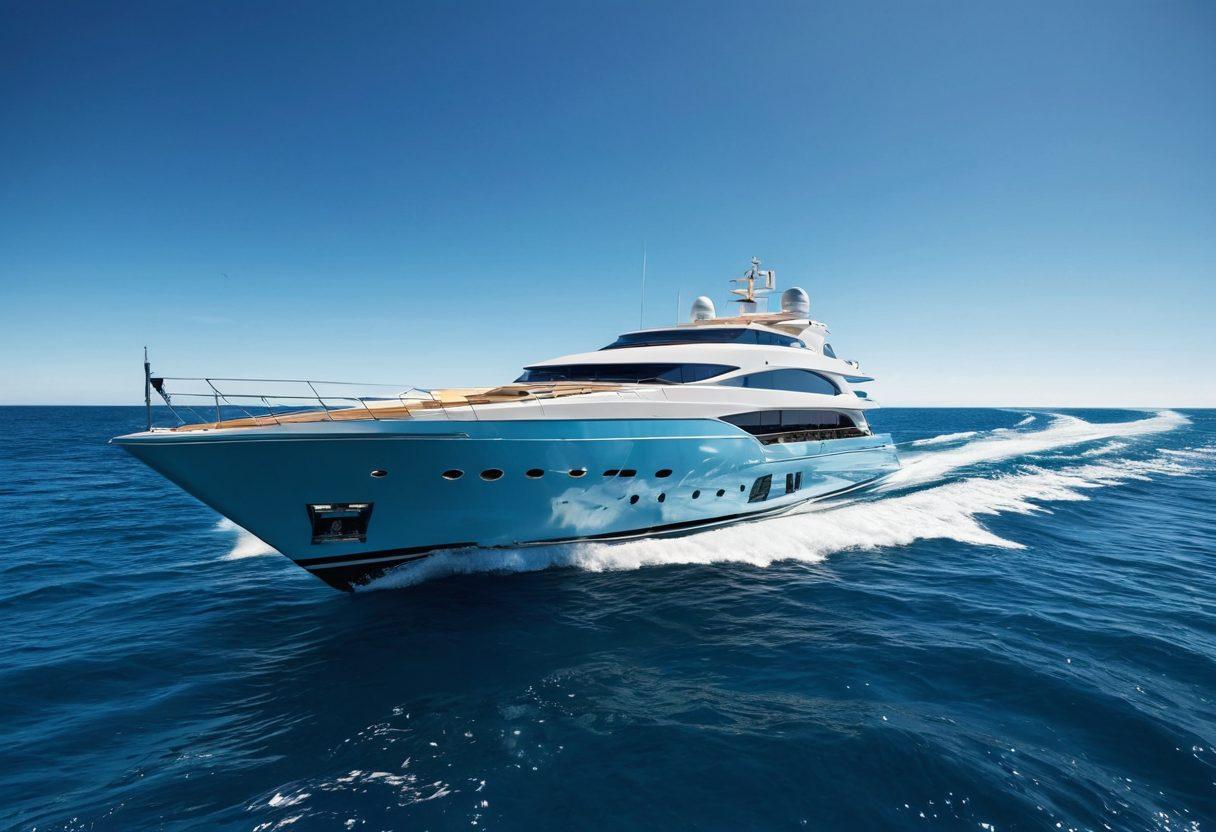 A serene seascape featuring a luxurious yacht gliding through gentle waves under a clear blue sky. Around the yacht, visual icons representing various coverage options like a shield for protection and dollar signs for value, illustrated subtly in the water. The scene conveys a sense of safety and adventure, inviting the viewer into the world of yacht insurance. vibrant colors. super-realistic.