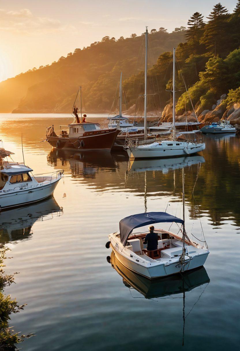A serene harbor at dawn, showcasing various watercraft like sailboats and yachts, surrounded by gentle waves reflecting warm sunrise hues. In the foreground, a confident watercraft owner examines a nautical chart, emphasizing safety gear and equipment. Lush green islands in the distance hint at exploration, while seagulls gracefully soar above. The atmosphere conveys a sense of mastery and tranquility over maritime adventures. super-realistic. vibrant colors. white background.
